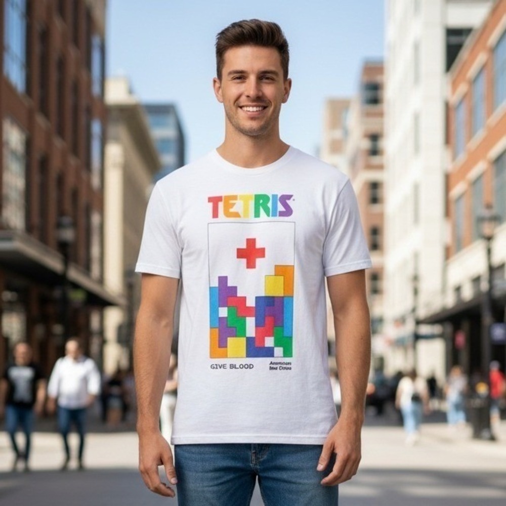 Hanes T-Shirt Tetris American Red Cross 40th Anniv Donate Blood Mens Large White